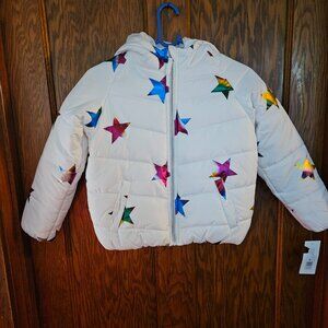 Brand new girls puffer coat. White with rainbow stars. Sz M 10/12